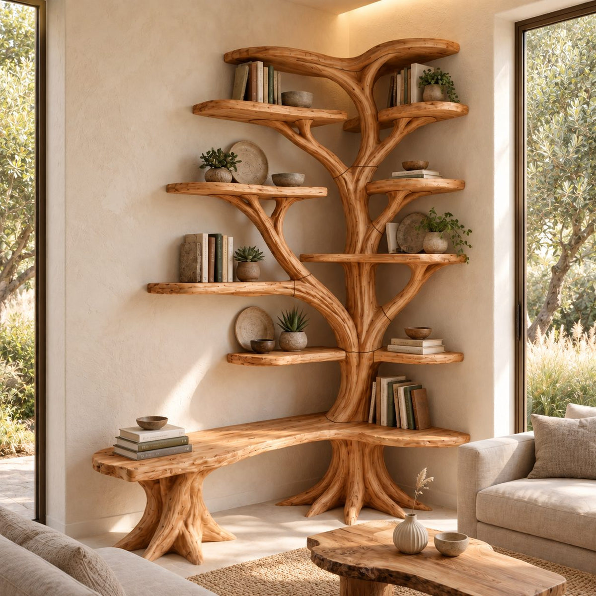Large Corner Tree Bookcase with Long Curved Bench and Rounded Shelves on Both Walls, Library Nook