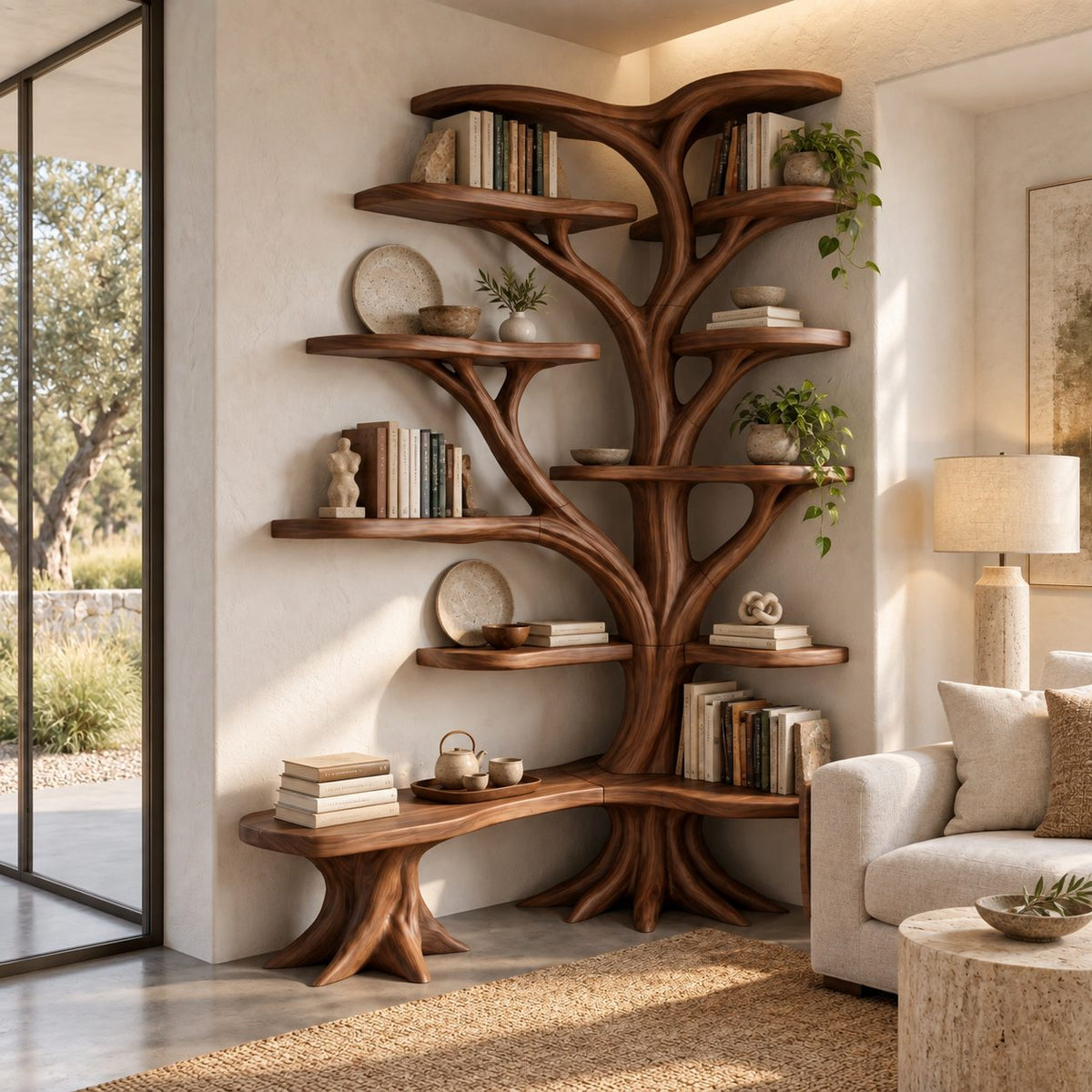 Large Corner Tree Bookcase with Long Curved Bench and Rounded Shelves on Both Walls, Library Nook