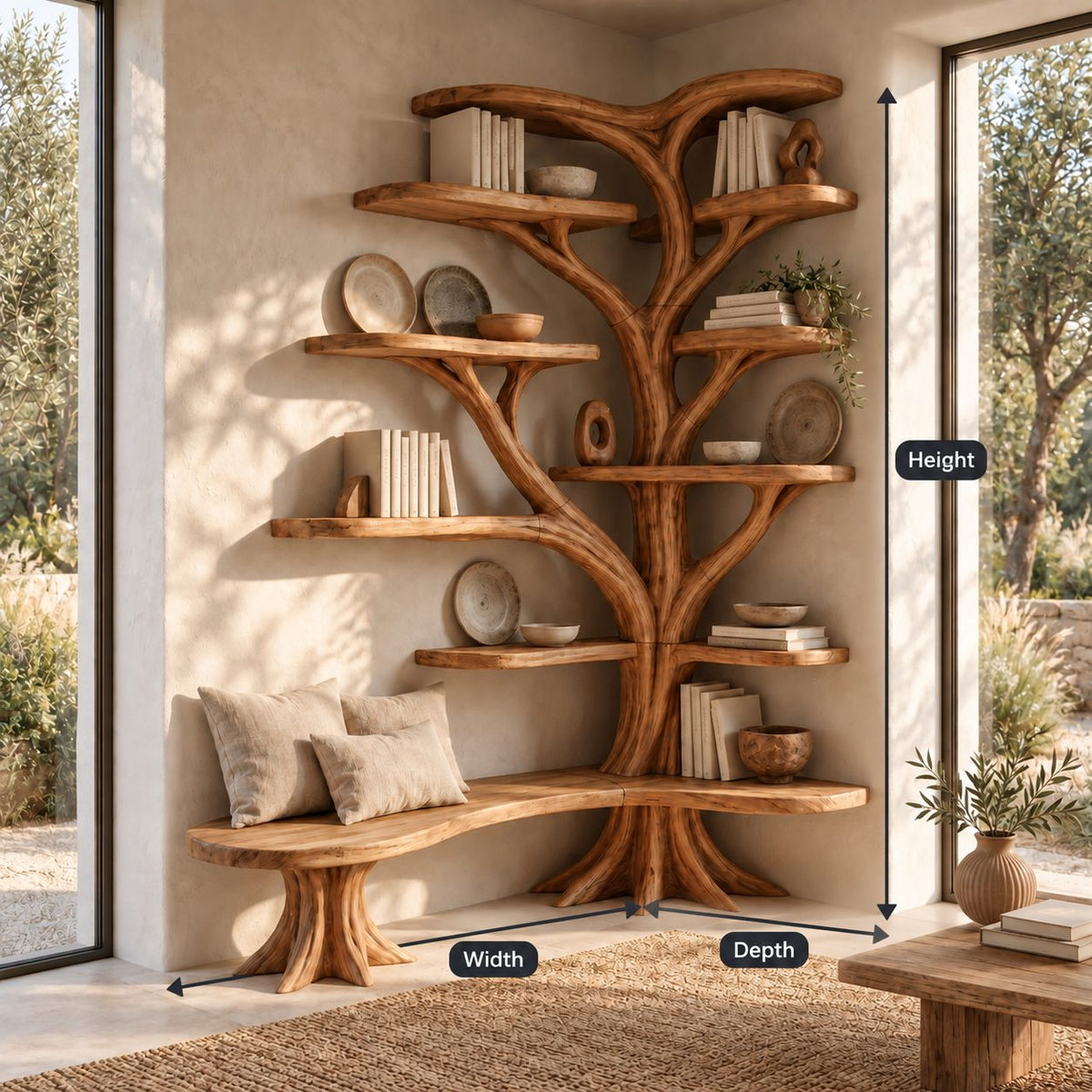 Large Corner Tree Bookcase with Long Curved Bench and Rounded Shelves on Both Walls, Library Nook