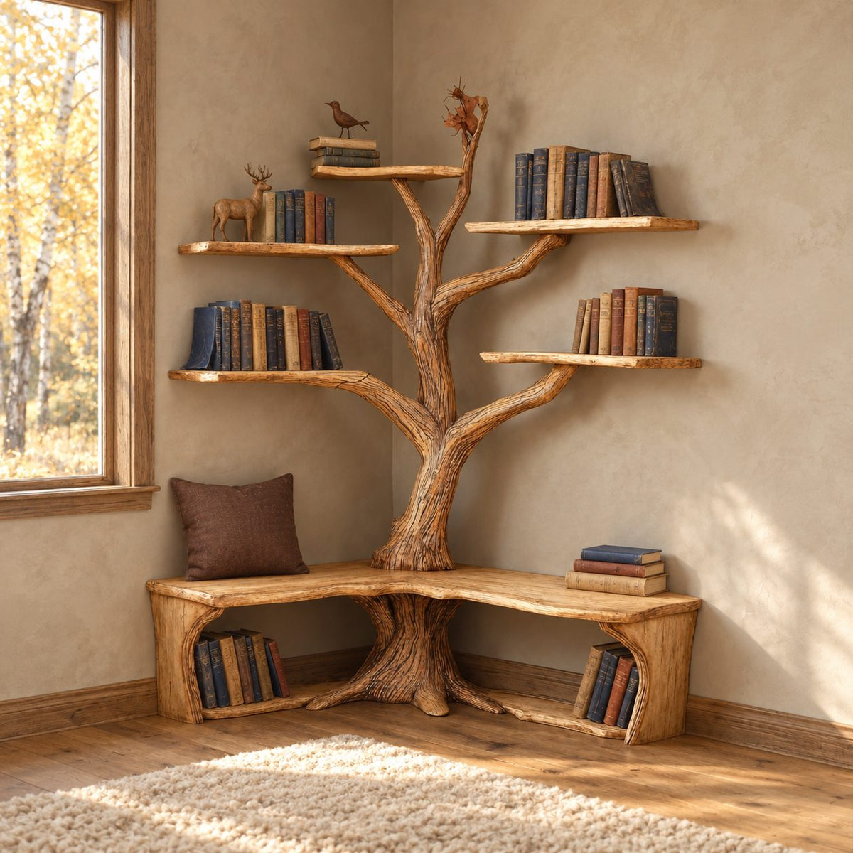 Corner Tree Bookcase with L Shaped Live Edge Bench and Floating Branch Shelves, Reading Nook