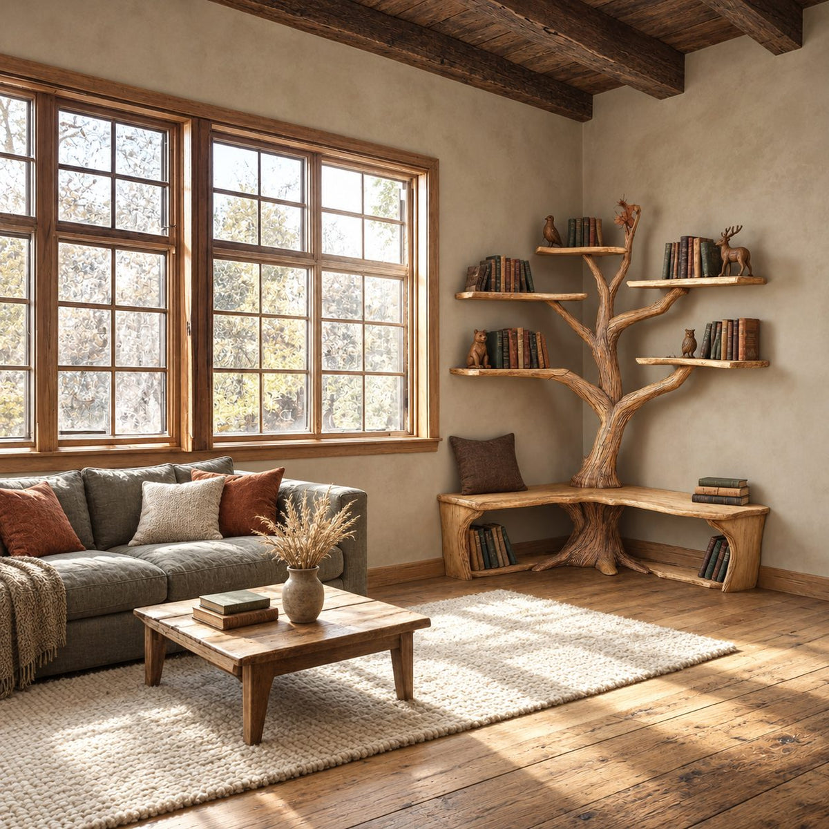 Corner Tree Bookcase with L Shaped Live Edge Bench and Floating Branch Shelves, Reading Nook