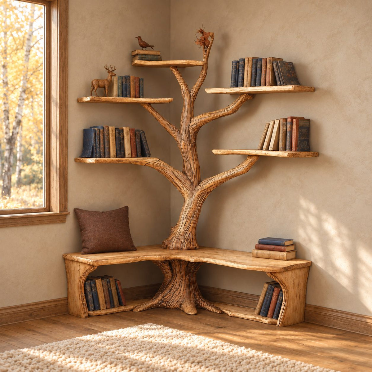 Corner Tree Bookcase with L Shaped Live Edge Bench and Floating Branch Shelves, Reading Nook