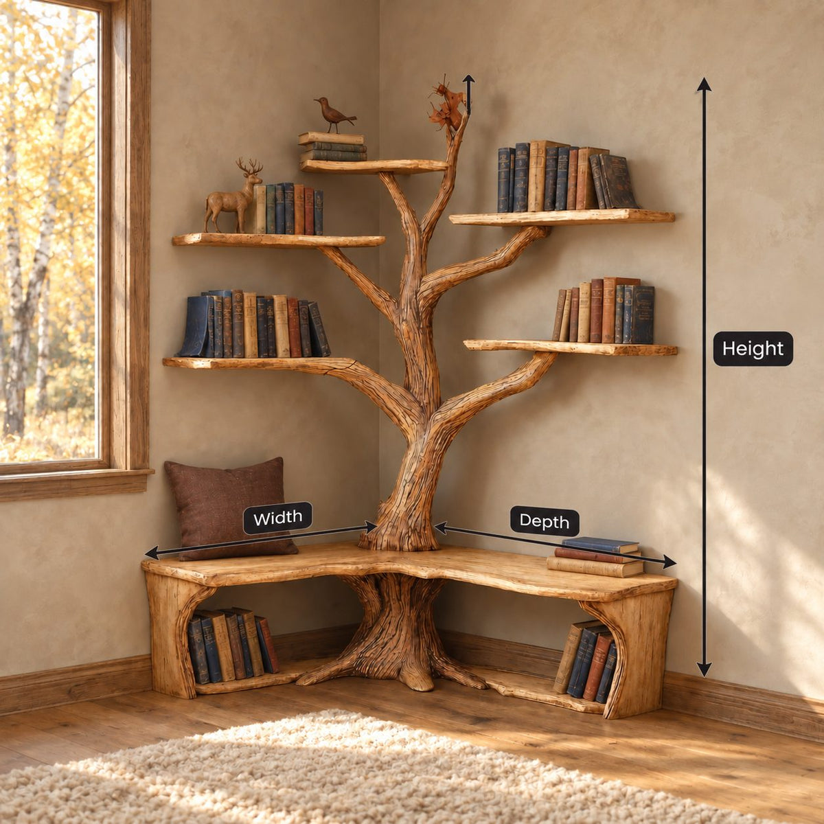 Corner Tree Bookcase with L Shaped Live Edge Bench and Floating Branch Shelves, Reading Nook