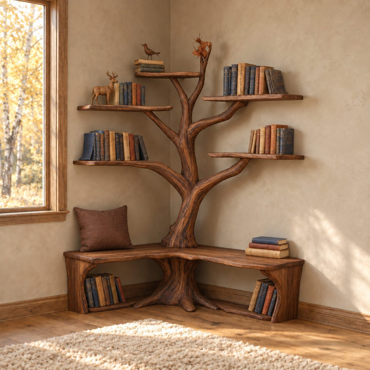 Corner Tree Bookcase with L Shaped Live Edge Bench and Floating Branch Shelves, Reading Nook