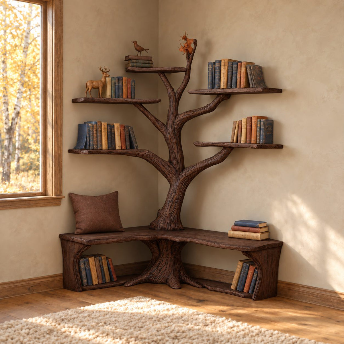 Corner Tree Bookcase with L Shaped Live Edge Bench and Floating Branch Shelves, Reading Nook
