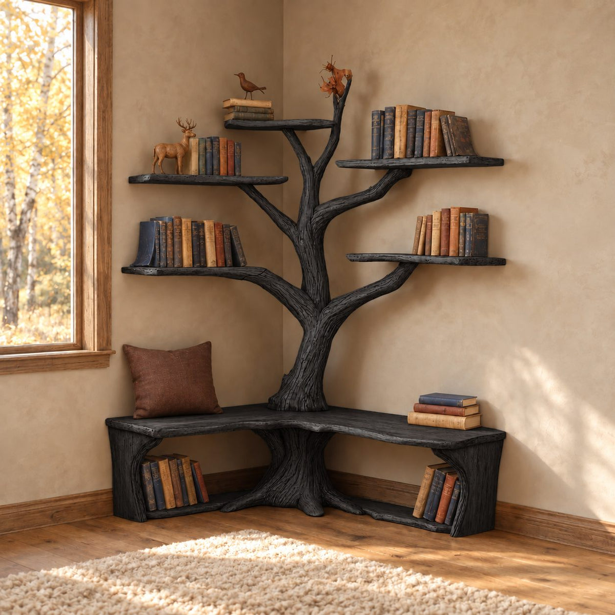 Corner Tree Bookcase with L Shaped Live Edge Bench and Floating Branch Shelves, Reading Nook