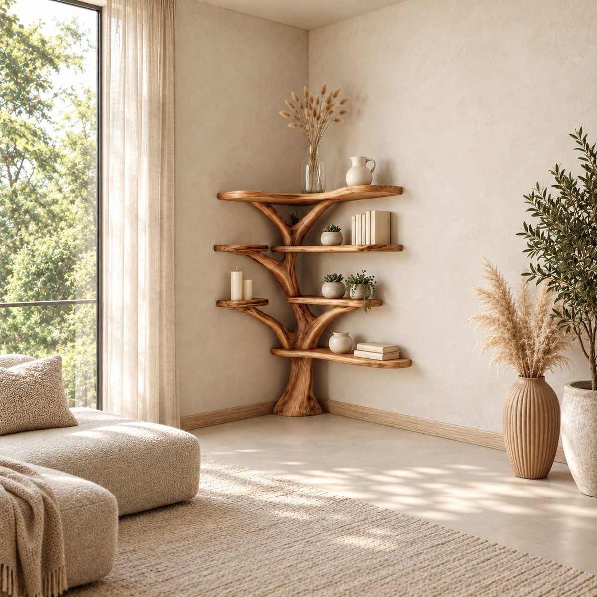 Corner Tree Bookshelf with Wide Live Edge Shelves Wrapping Two Walls, Rooted Trunk Corner Display
