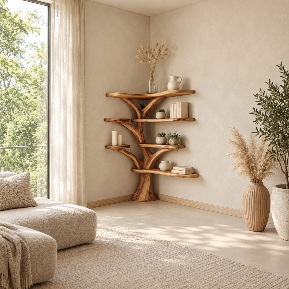 Corner Tree Bookshelf with Wide Live Edge Shelves Wrapping Two Walls, Rooted Trunk Corner Display