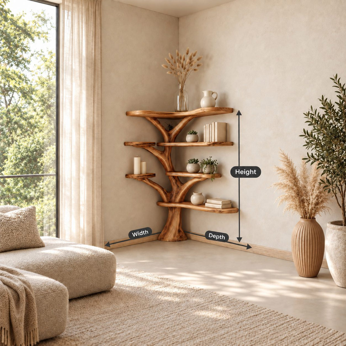 Corner Tree Bookshelf with Wide Live Edge Shelves Wrapping Two Walls, Rooted Trunk Corner Display
