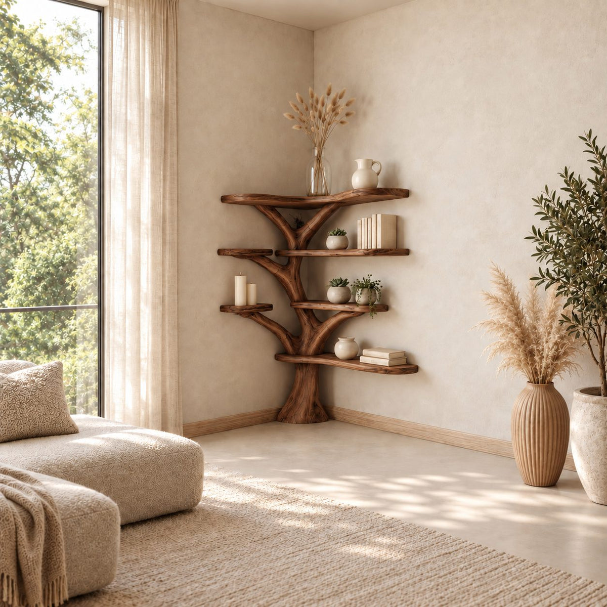Corner Tree Bookshelf with Wide Live Edge Shelves Wrapping Two Walls, Rooted Trunk Corner Display