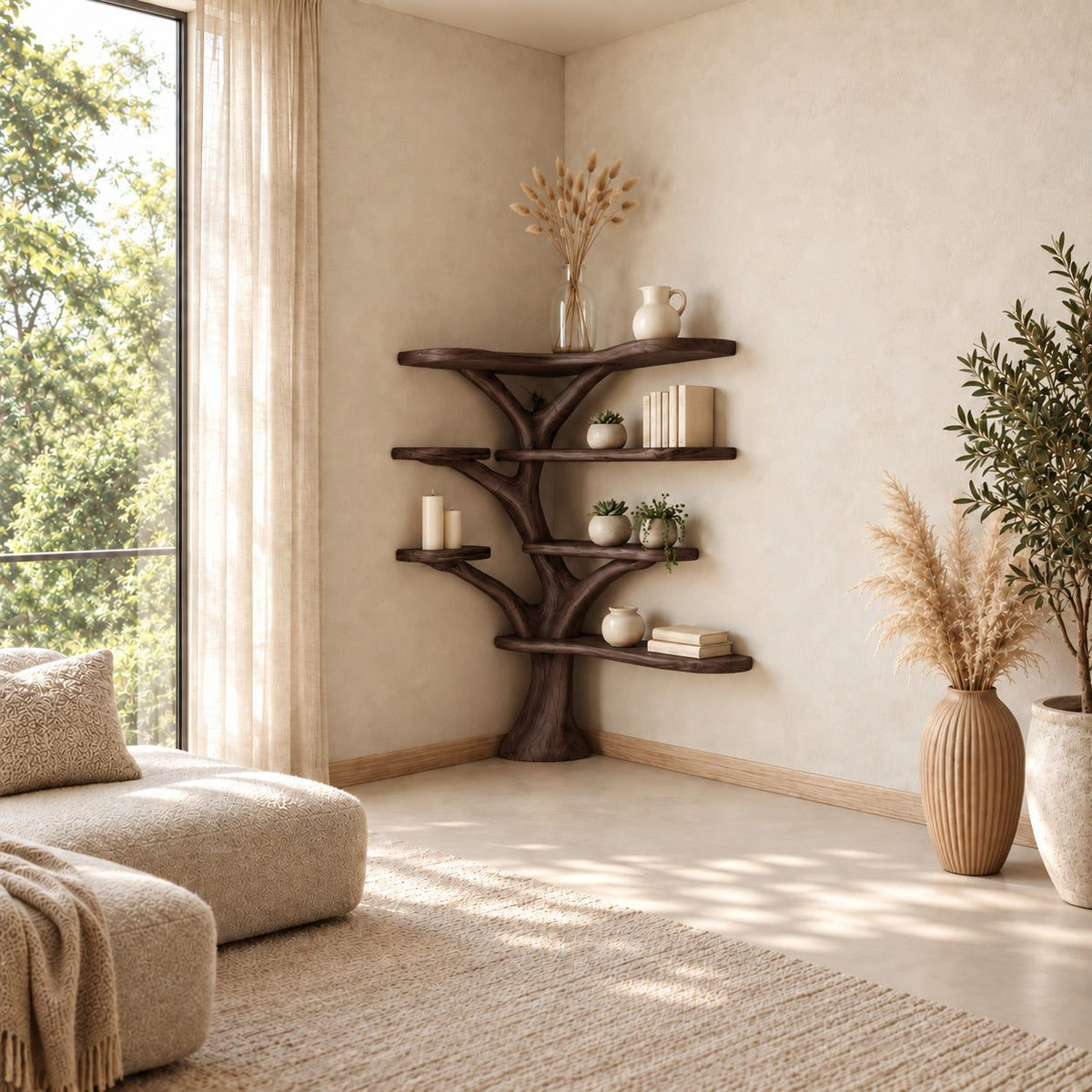 Corner Tree Bookshelf with Wide Live Edge Shelves Wrapping Two Walls, Rooted Trunk Corner Display