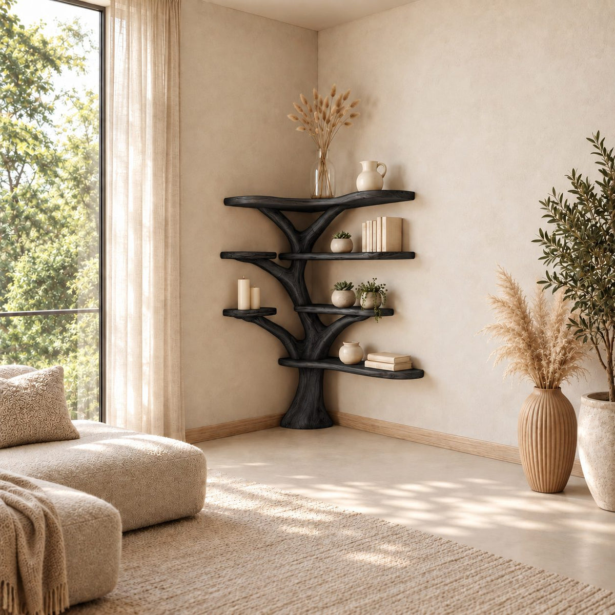 Corner Tree Bookshelf with Wide Live Edge Shelves Wrapping Two Walls, Rooted Trunk Corner Display