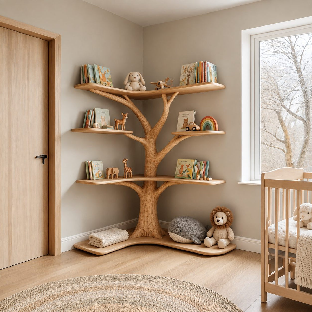 Kids Corner Tree Bookshelf with Wavy Floor Base and Curved Shelf Tiers, Nursery Picture Book Display