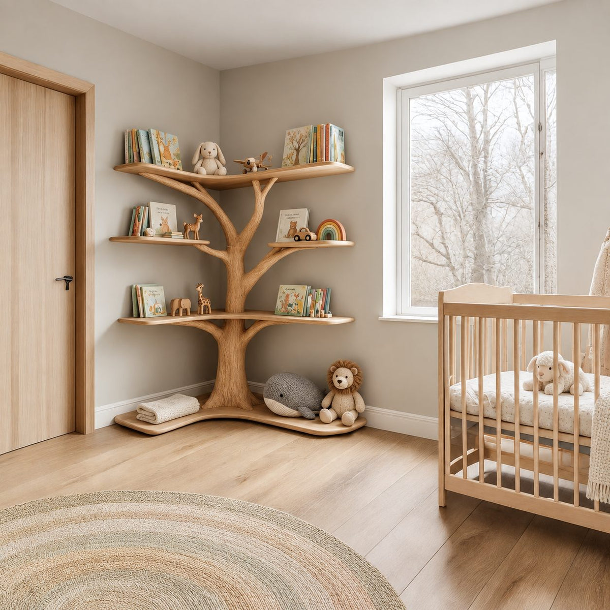 Kids Corner Tree Bookshelf with Wavy Floor Base and Curved Shelf Tiers, Nursery Picture Book Display