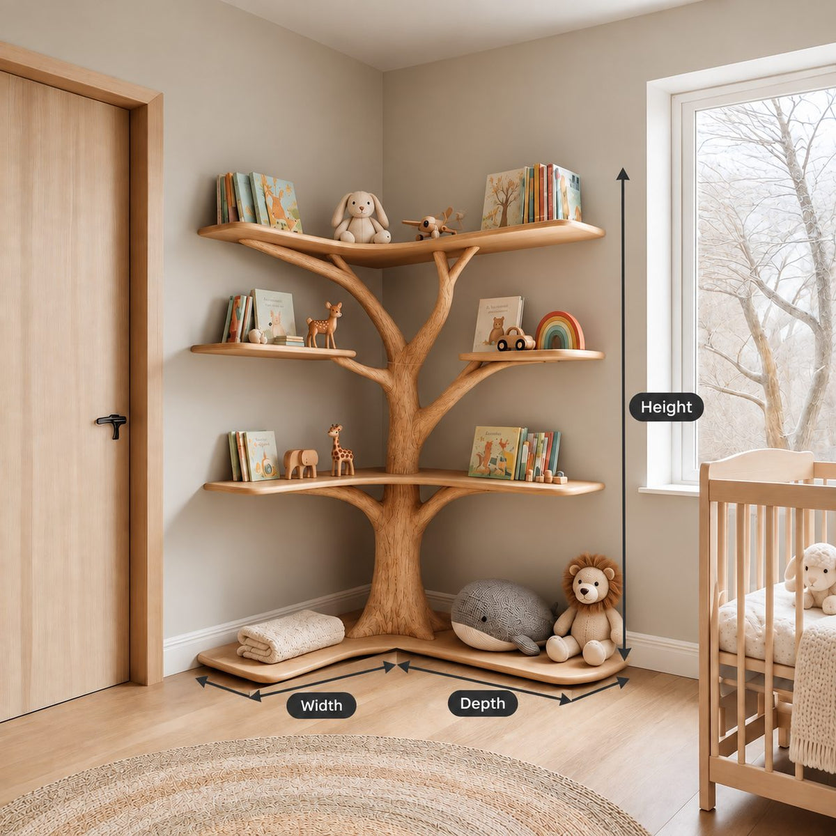 Kids Corner Tree Bookshelf with Wavy Floor Base and Curved Shelf Tiers, Nursery Picture Book Display