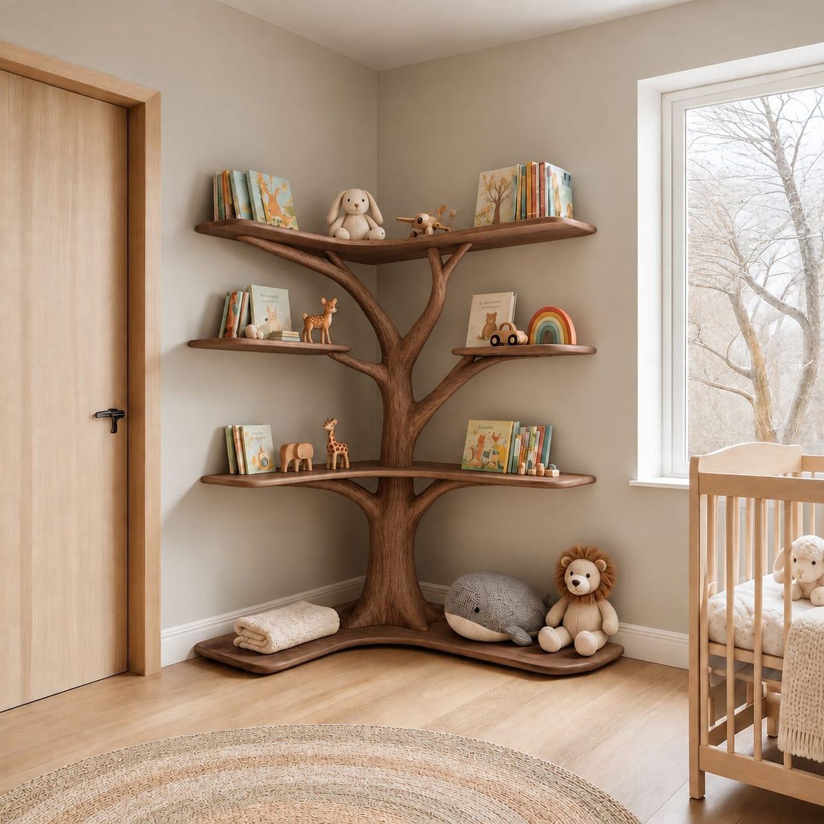 Kids Corner Tree Bookshelf with Wavy Floor Base and Curved Shelf Tiers, Nursery Picture Book Display
