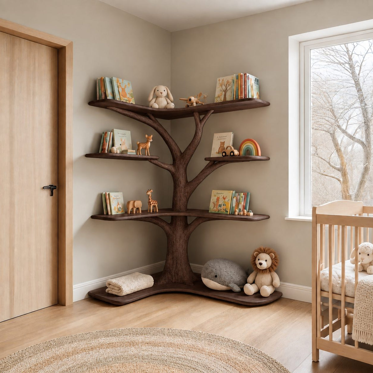 Kids Corner Tree Bookshelf with Wavy Floor Base and Curved Shelf Tiers, Nursery Picture Book Display