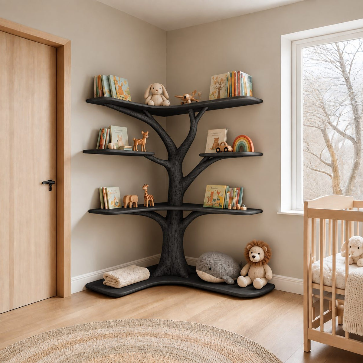 Kids Corner Tree Bookshelf with Wavy Floor Base and Curved Shelf Tiers, Nursery Picture Book Display