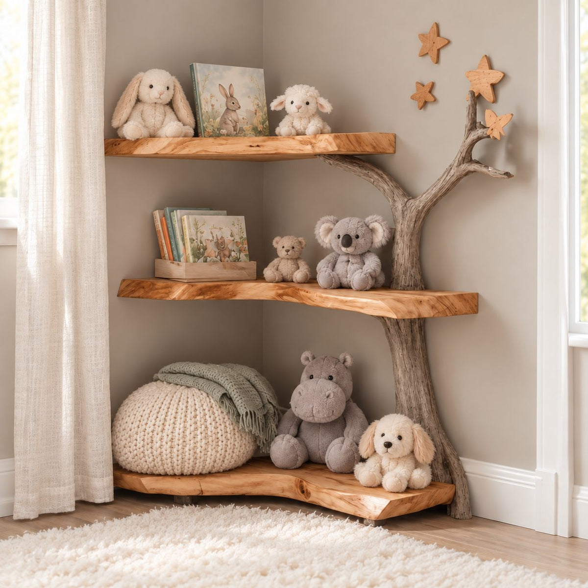 Kids Corner Tree Bookshelf with Driftwood Look Trunk and Thick Live Edge Slabs, Nursery Book Corner