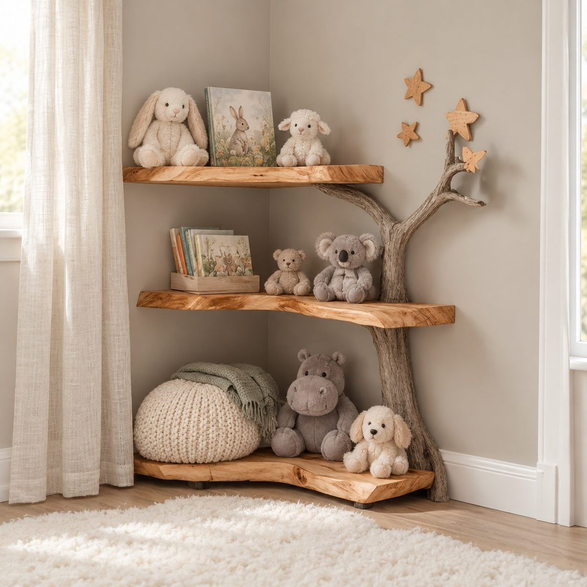 Kids Corner Tree Bookshelf with Driftwood Look Trunk and Thick Live Edge Slabs, Nursery Book Corner
