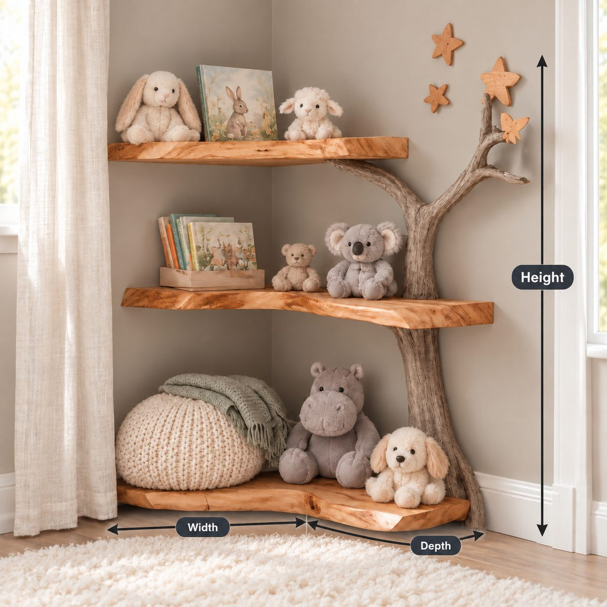 Kids Corner Tree Bookshelf with Driftwood Look Trunk and Thick Live Edge Slabs, Nursery Book Corner