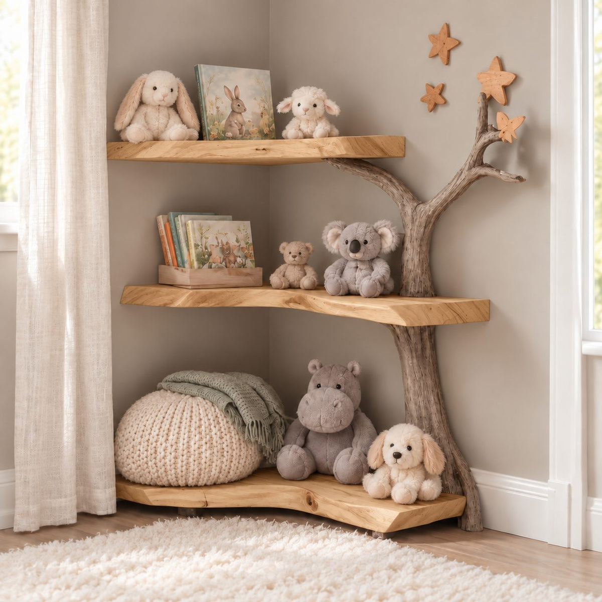 Kids Corner Tree Bookshelf with Driftwood Look Trunk and Thick Live Edge Slabs, Nursery Book Corner