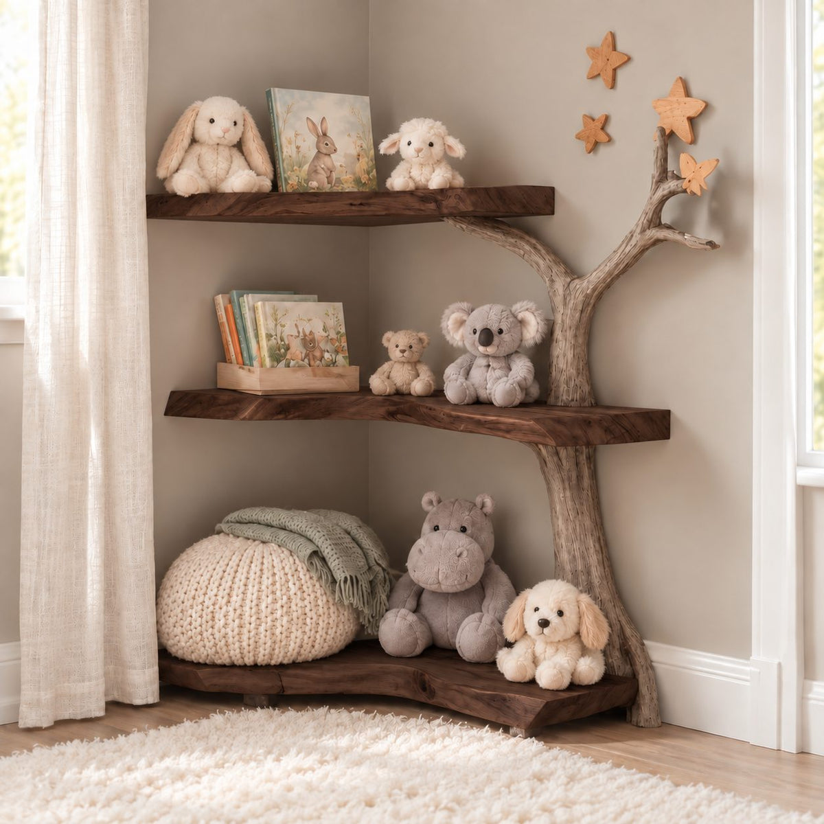 Kids Corner Tree Bookshelf with Driftwood Look Trunk and Thick Live Edge Slabs, Nursery Book Corner