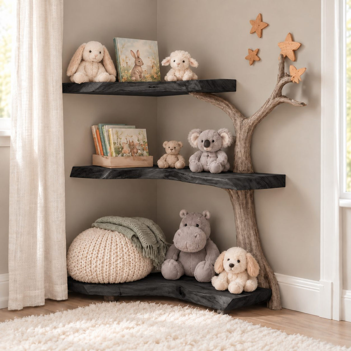 Kids Corner Tree Bookshelf with Driftwood Look Trunk and Thick Live Edge Slabs, Nursery Book Corner