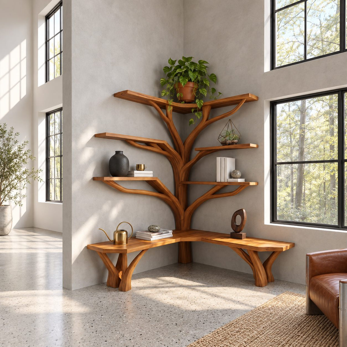 Tree Corner Bookshelf with Built In L Shaped Bench on Branch Legs, Y Branch Shelves on Two Walls