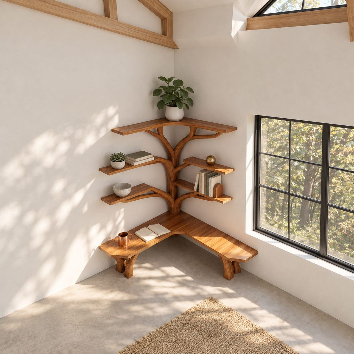Tree Corner Bookshelf with Built In L Shaped Bench on Branch Legs, Y Branch Shelves on Two Walls