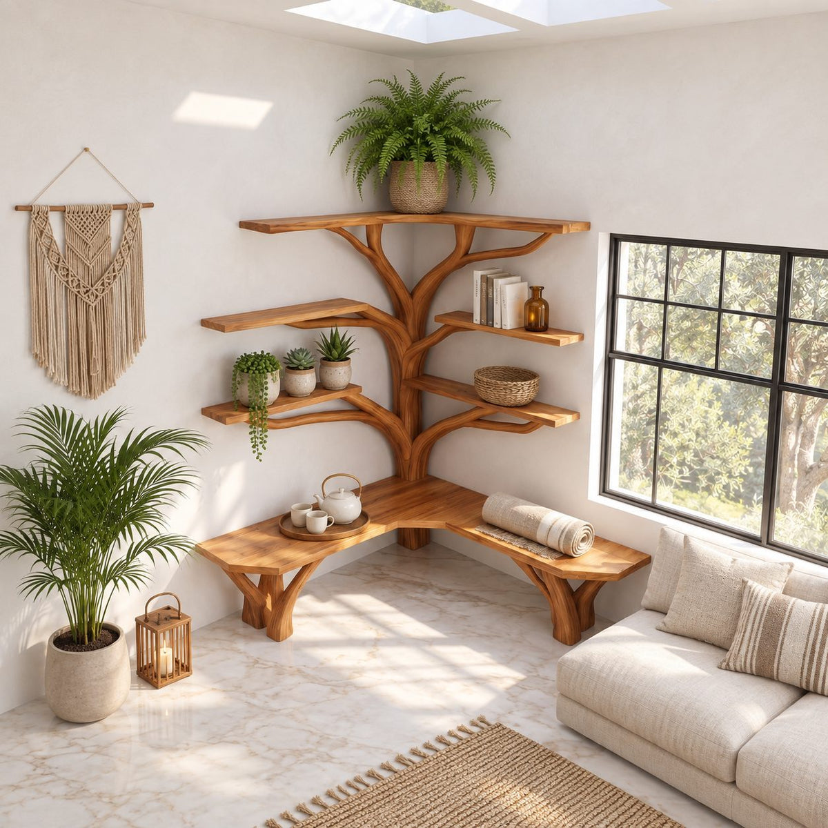 Tree Corner Bookshelf with Built In L Shaped Bench on Branch Legs, Y Branch Shelves on Two Walls