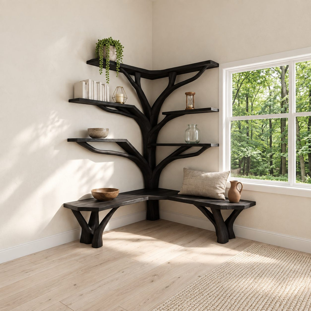 Tree Corner Bookshelf with Built In L Shaped Bench on Branch Legs, Y Branch Shelves on Two Walls