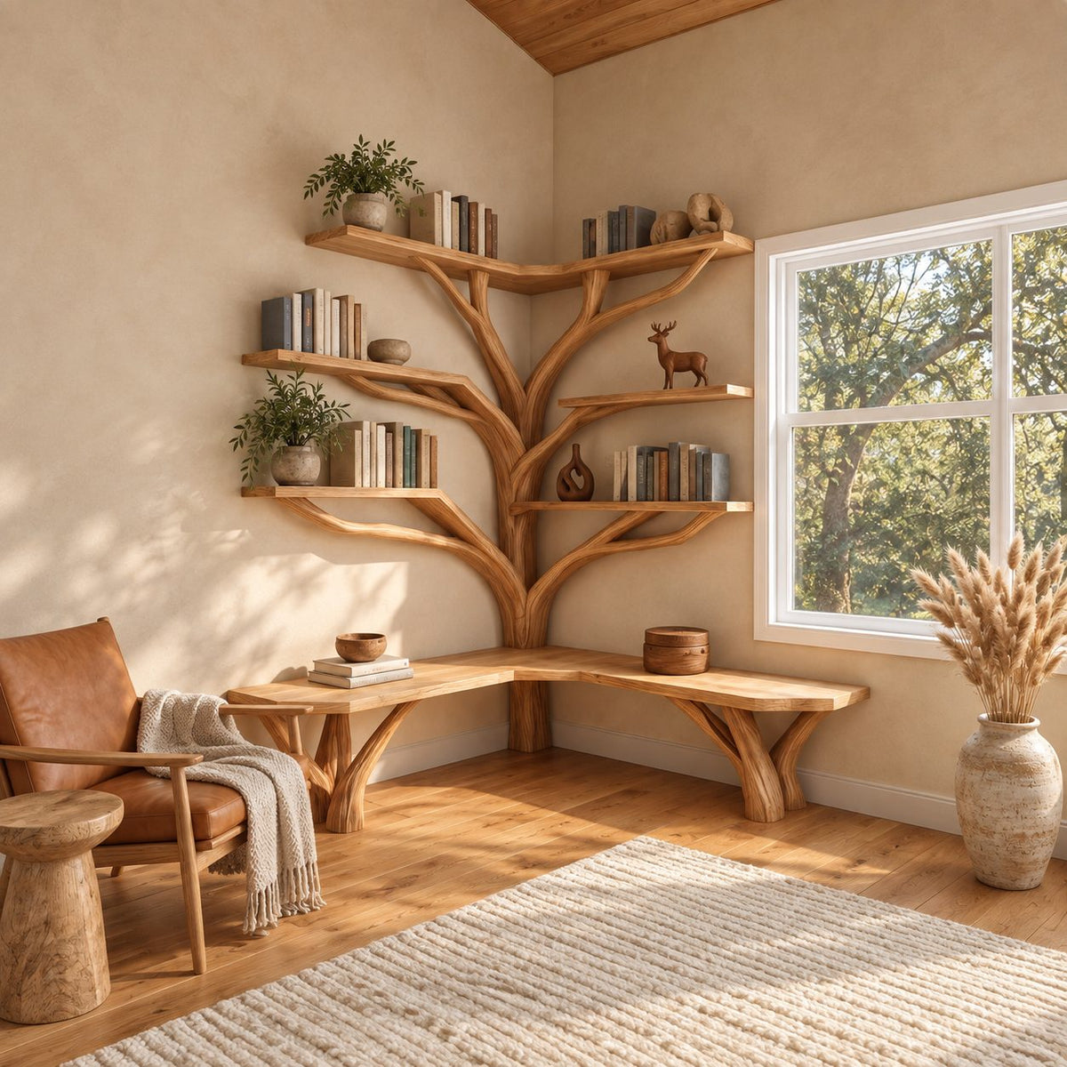 Tree Corner Bookshelf with Built In L Shaped Bench on Branch Legs, Y Branch Shelves on Two Walls