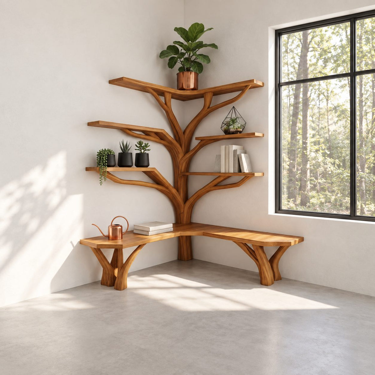 Tree Corner Bookshelf with Built In L Shaped Bench on Branch Legs, Y Branch Shelves on Two Walls