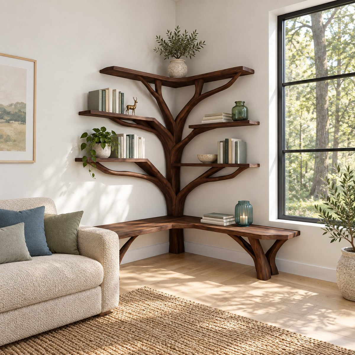Tree Corner Bookshelf with Built In L Shaped Bench on Branch Legs, Y Branch Shelves on Two Walls