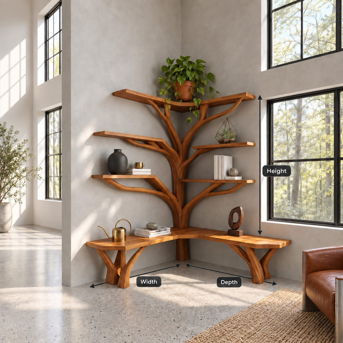 Tree Corner Bookshelf with Built In L Shaped Bench on Branch Legs, Y Branch Shelves on Two Walls