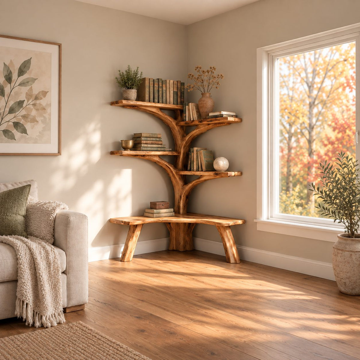 Small Corner Tree Bookshelf with Live Edge Bench Seat and Rounded Branch Shelves, Reading Corner