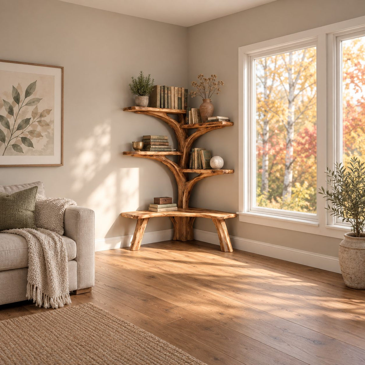 Small Corner Tree Bookshelf with Live Edge Bench Seat and Rounded Branch Shelves, Reading Corner