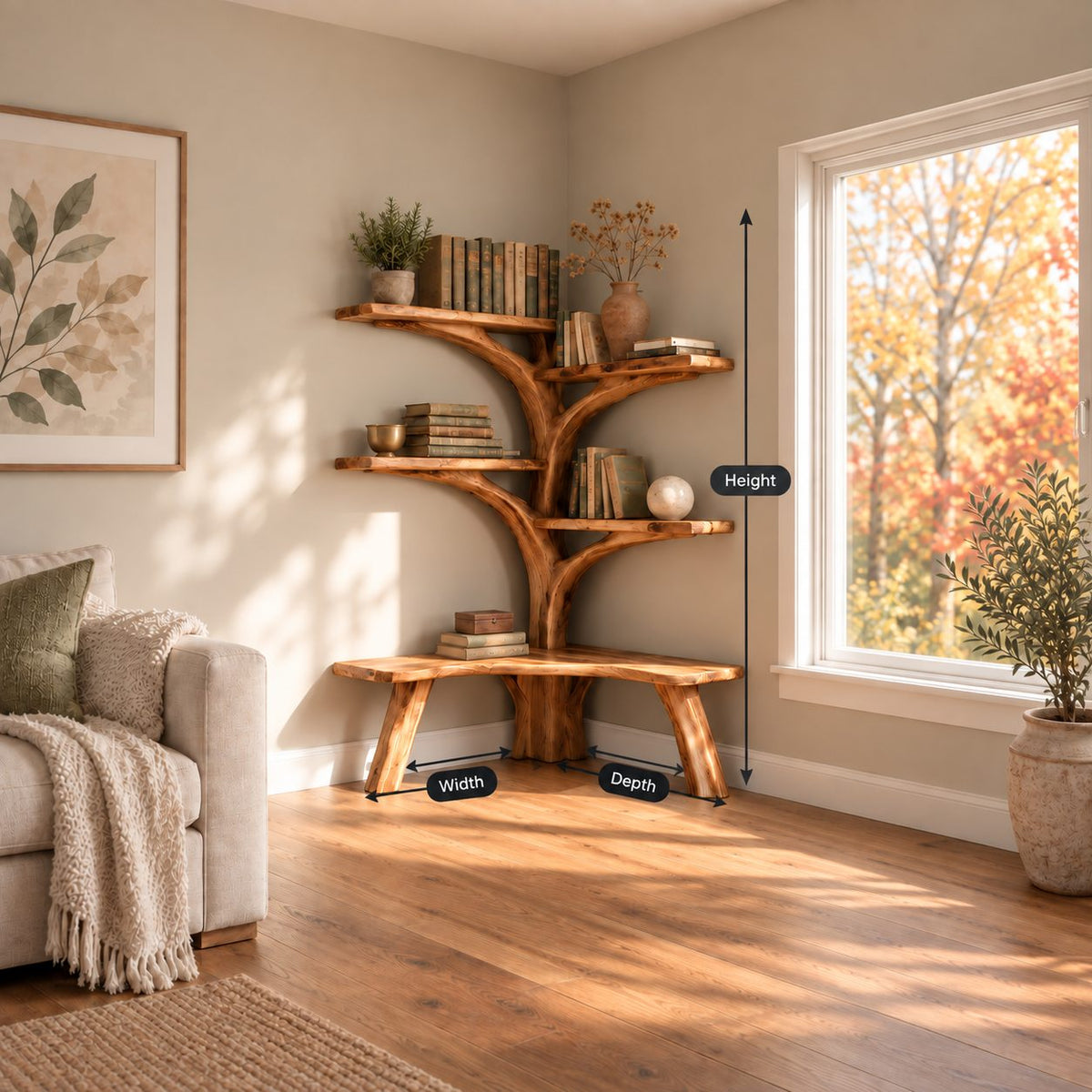Small Corner Tree Bookshelf with Live Edge Bench Seat and Rounded Branch Shelves, Reading Corner