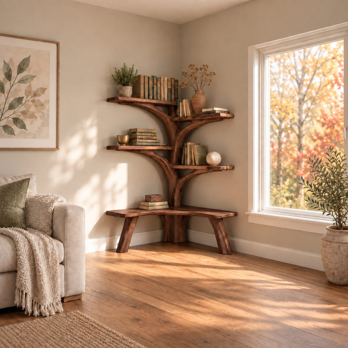 Small Corner Tree Bookshelf with Live Edge Bench Seat and Rounded Branch Shelves, Reading Corner
