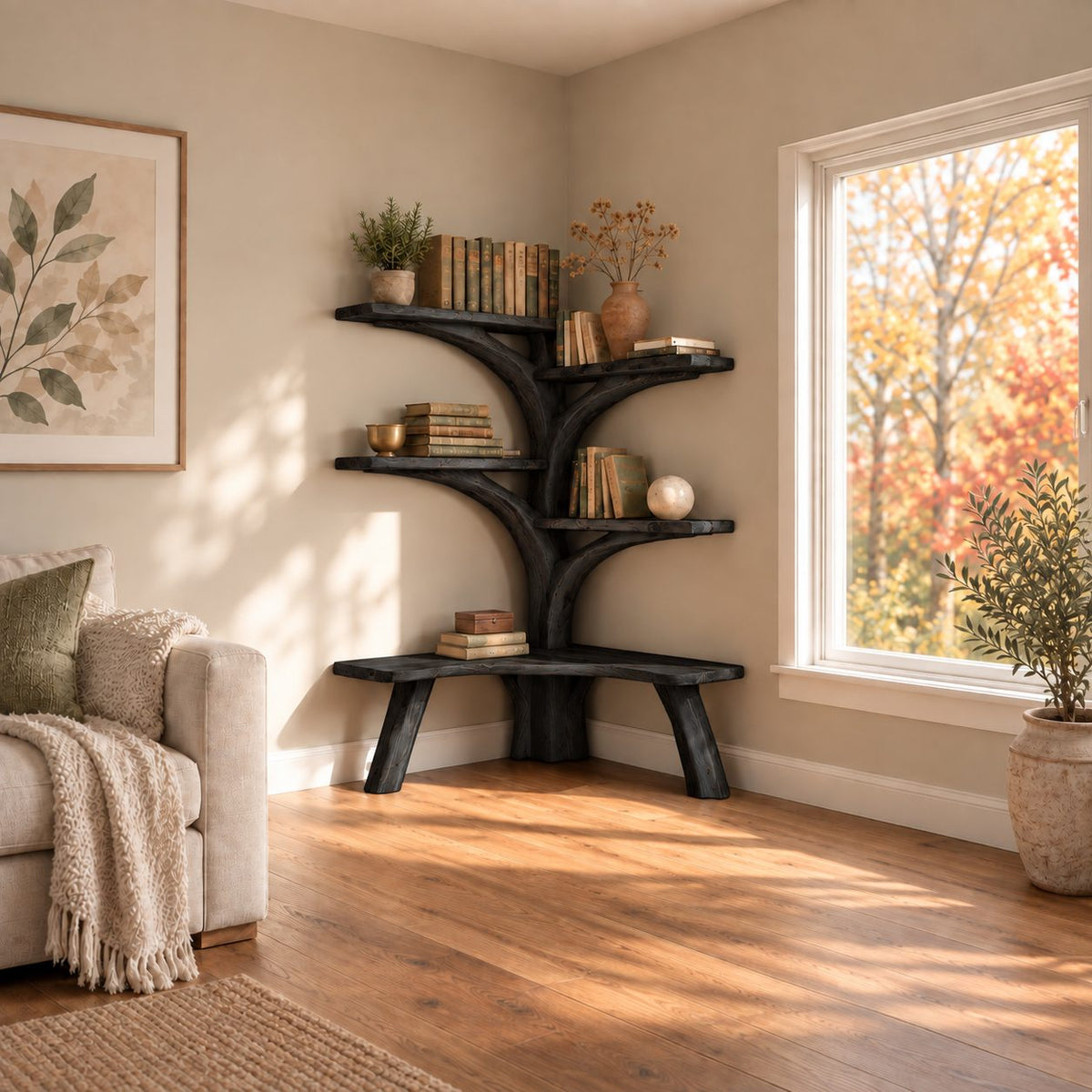 Small Corner Tree Bookshelf with Live Edge Bench Seat and Rounded Branch Shelves, Reading Corner
