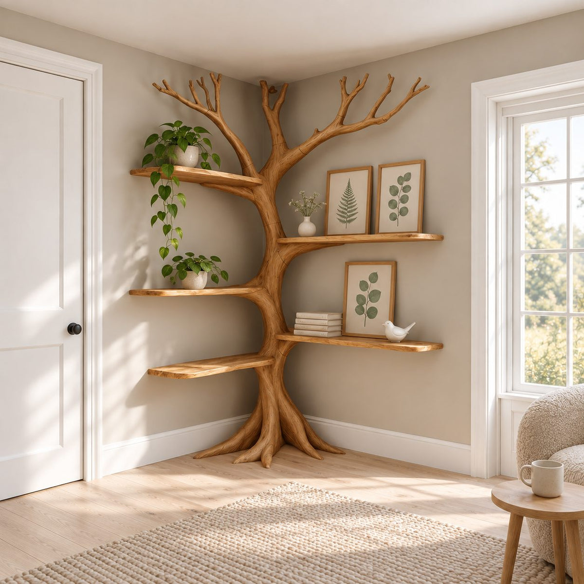 Rooted Corner Tree Bookshelf with Bare Branch Crown and Floating Shelves, 80 Inch Living Room