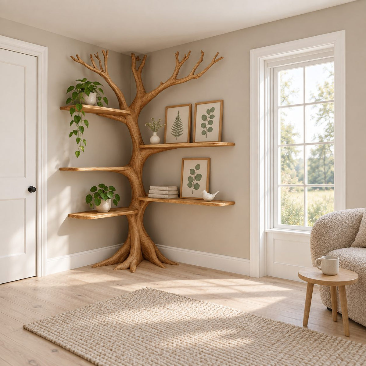Rooted Corner Tree Bookshelf with Bare Branch Crown and Floating Shelves, 80 Inch Living Room