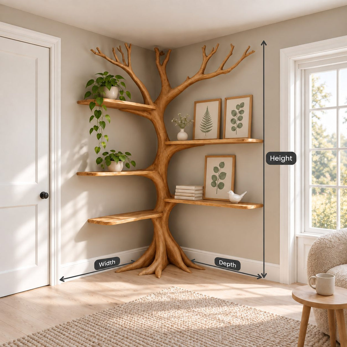 Rooted Corner Tree Bookshelf with Bare Branch Crown and Floating Shelves, 80 Inch Living Room