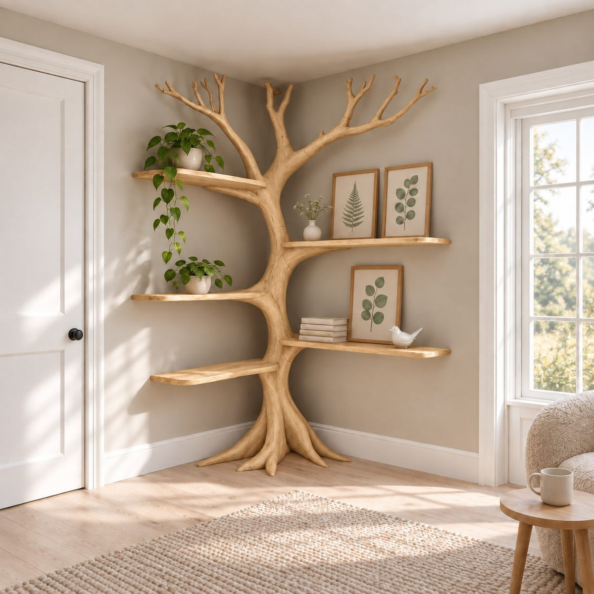 Rooted Corner Tree Bookshelf with Bare Branch Crown and Floating Shelves, 80 Inch Living Room