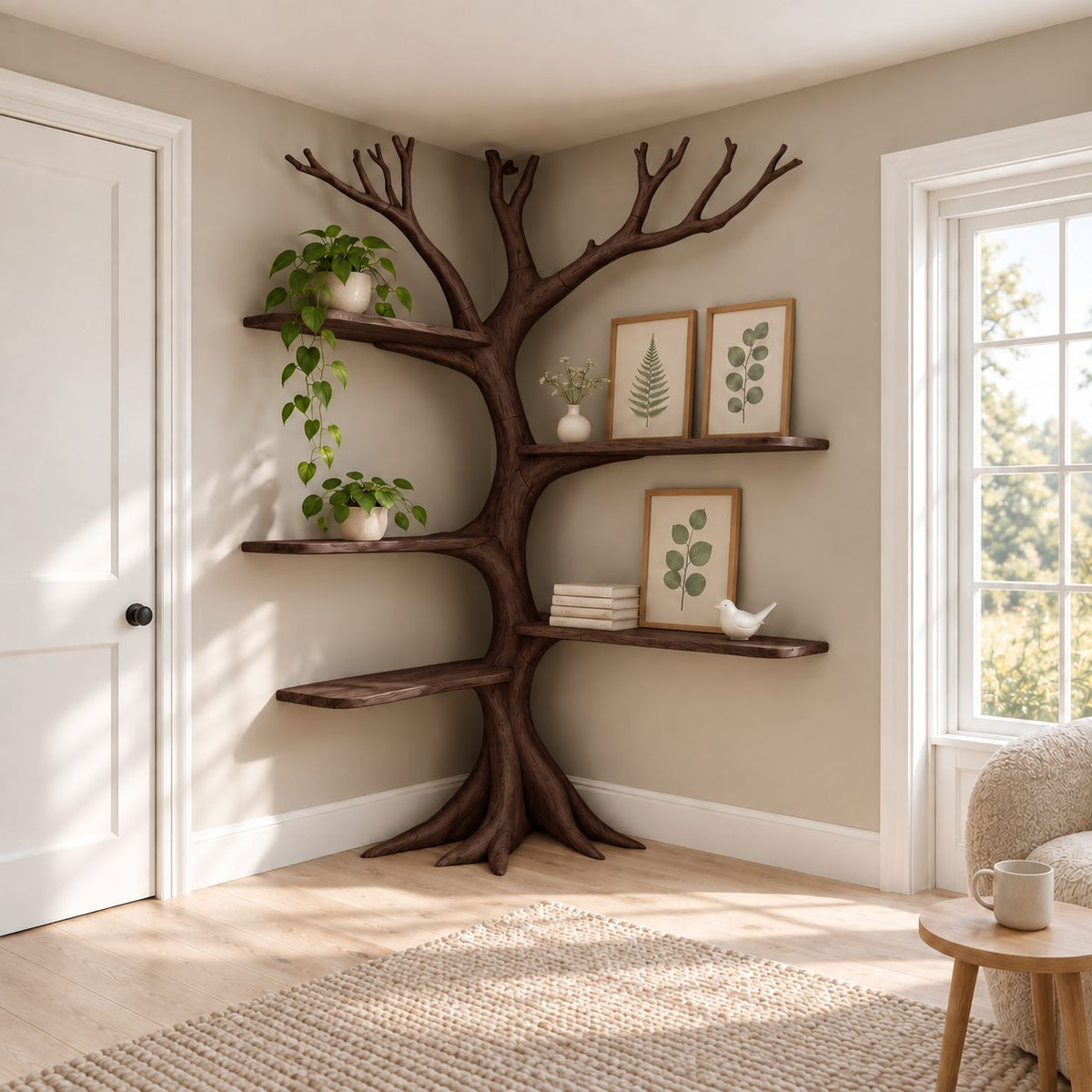 Rooted Corner Tree Bookshelf with Bare Branch Crown and Floating Shelves, 80 Inch Living Room