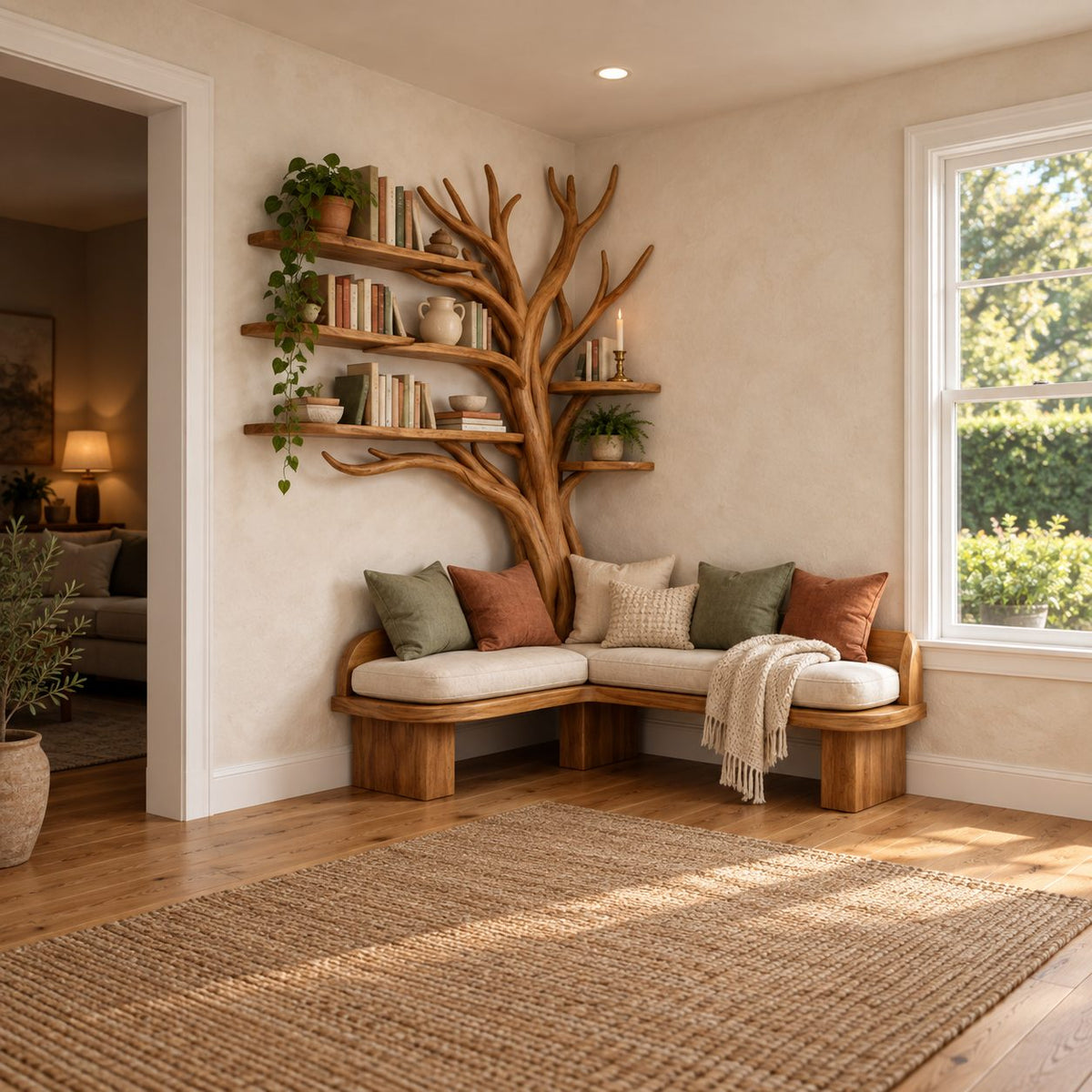 Tree Bookshelf with L Shaped Corner Bench Seat and Branch Shelves, Reading Nook Banquette 80 Inch