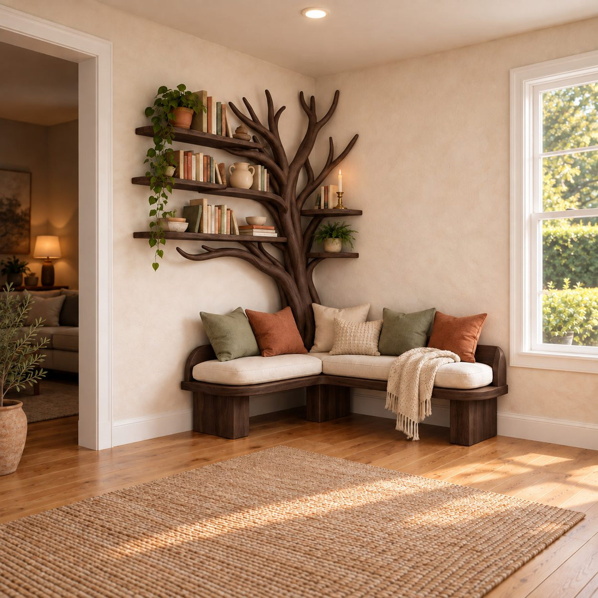 Tree Bookshelf with L Shaped Corner Bench Seat and Branch Shelves, Reading Nook Banquette 80 Inch