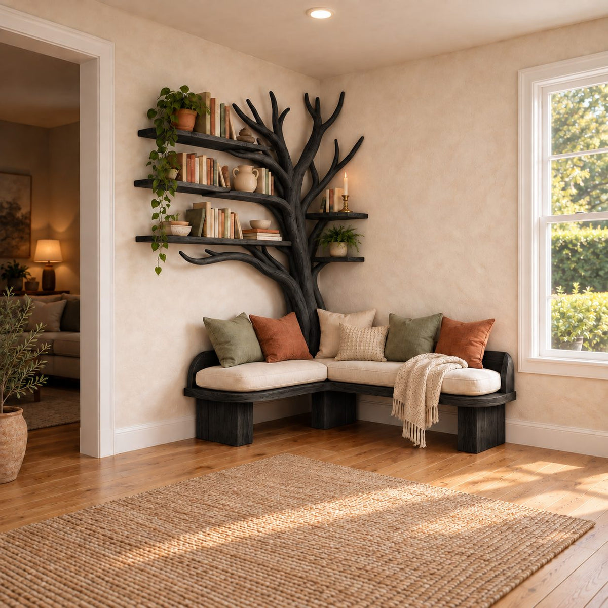 Tree Bookshelf with L Shaped Corner Bench Seat and Branch Shelves, Reading Nook Banquette 80 Inch