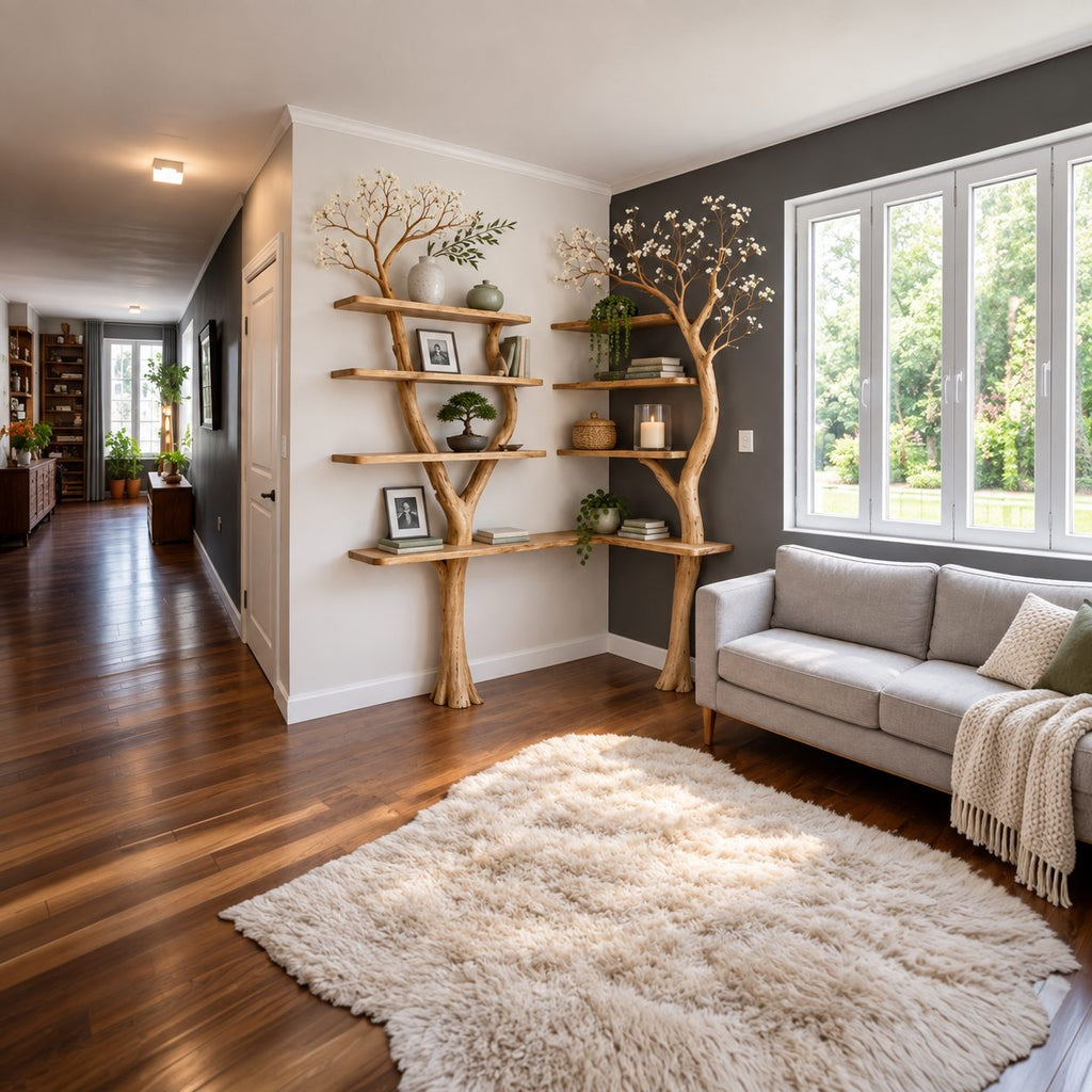 Double Tree Corner Bookshelf with Two Slender Trunks and L Shaped Base Shelf, Living Room Display